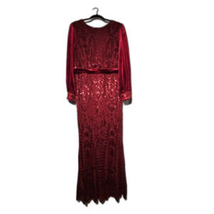 Toleen Sequin Evening Gown 1XL Ruby Red Velvet Sleeve Empire Waist Maxi Dress
